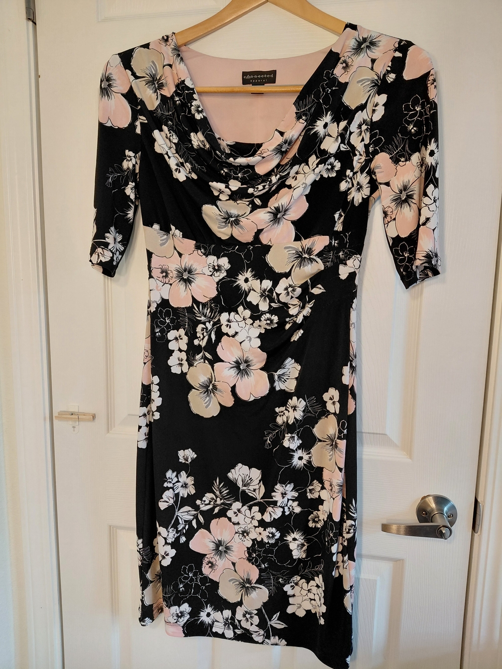 connected apparel Black Floral Cowl Neck Midi Dress with Pink & Cream Blooms